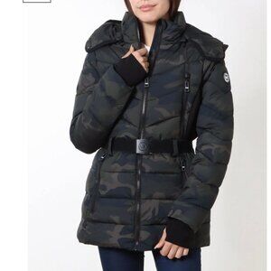 Michael Kors Women's Belted Hooded Camouflage Puffer Coat Sz L